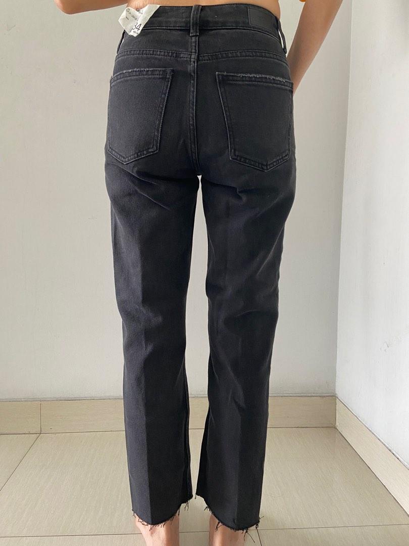 Bershka Black Denim Straight Cropped Pants Trousers, Fesyen Wanita