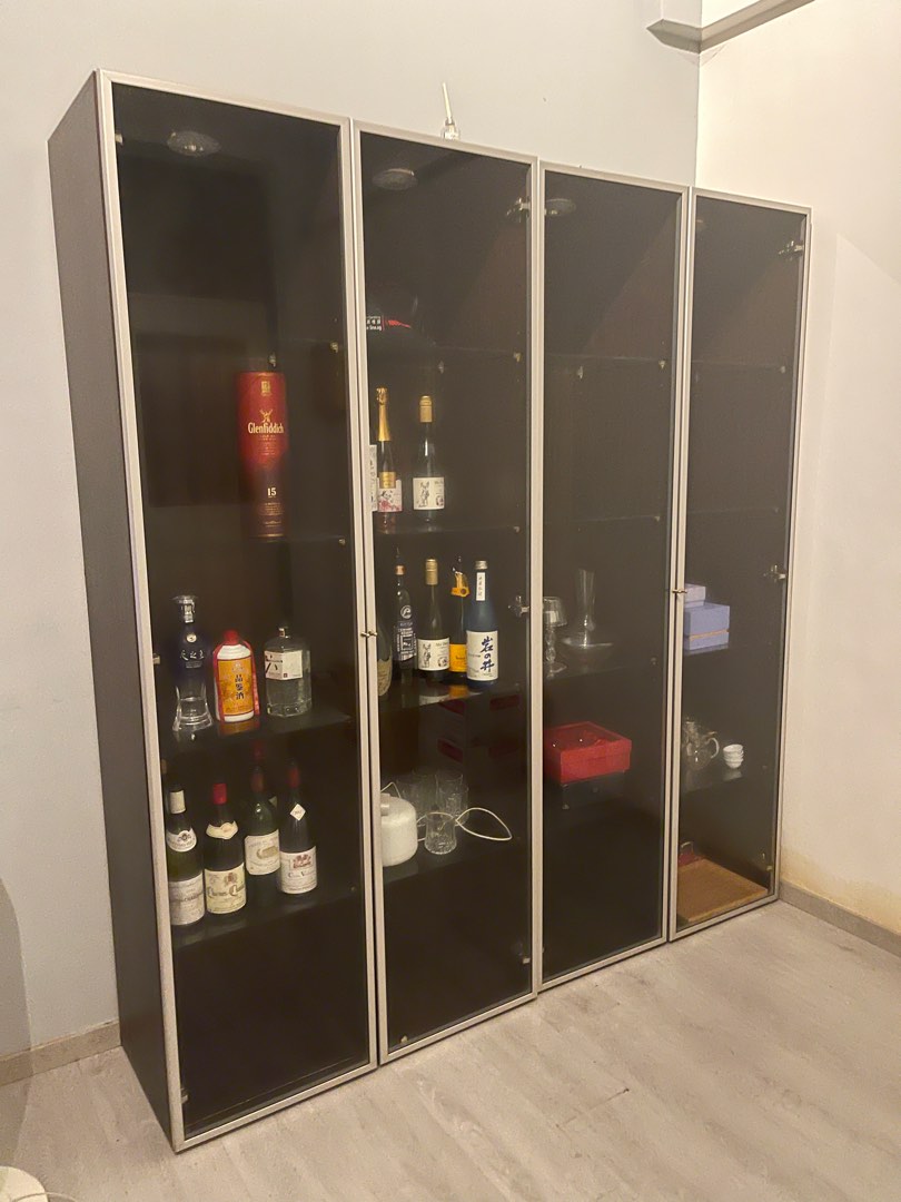 BILLY Bookcase with glassdoors, grey/metallic effect, Furniture & Home