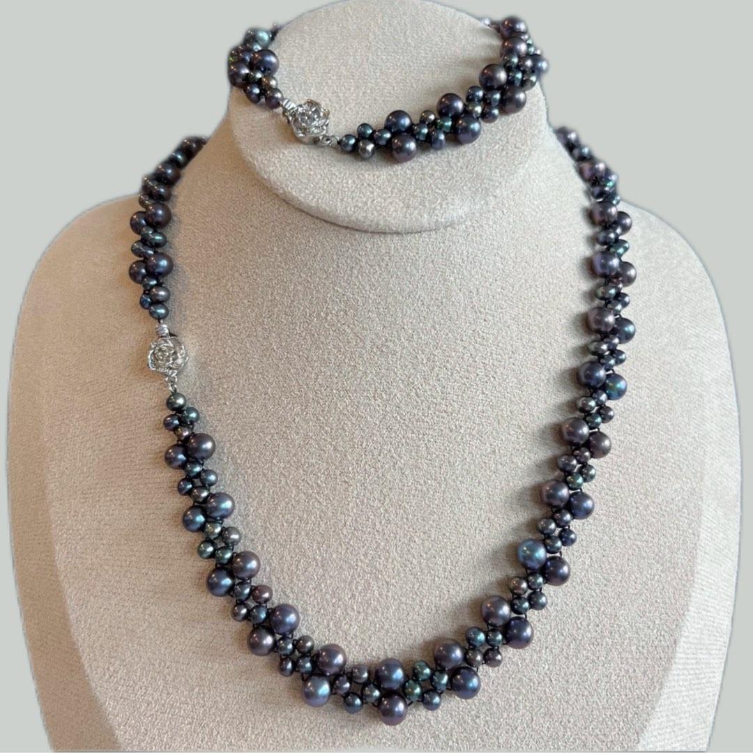 Black Freshwater Pearl Necklace and Bracelet Set Set in Sterling