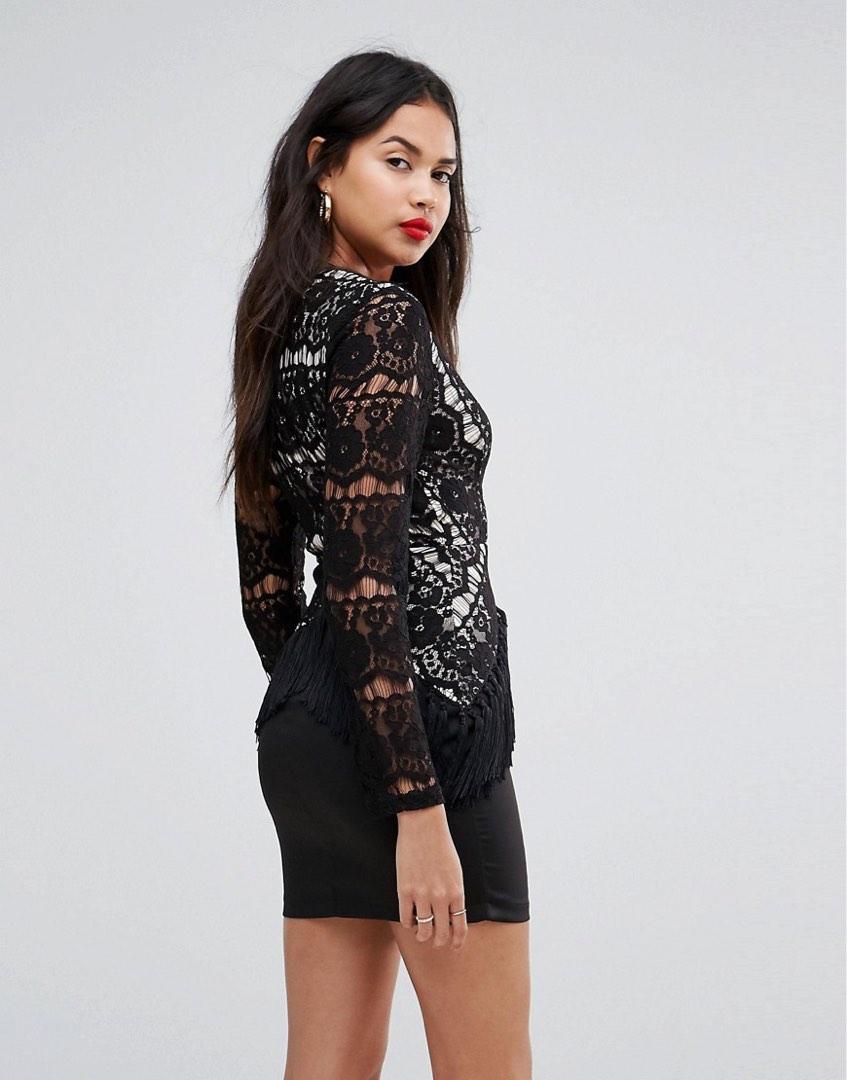 BNWT Missguided Eyelash Lace Plunge Neck Mini Dress with Tassel Fringe  details