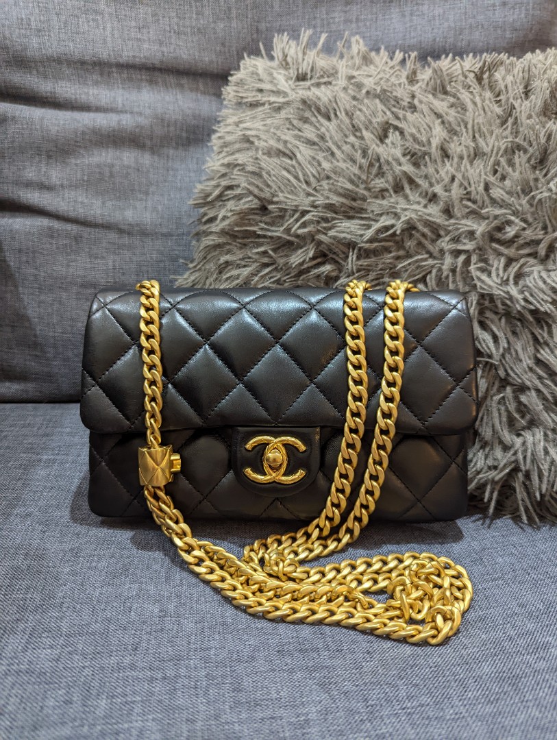 Chanel 22k AS3393 Black Small Flap Bag Rectangular in Lambskin with  Adjustable GHW Straps