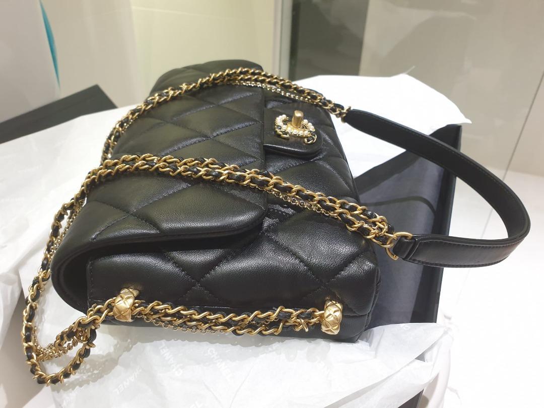 Chanel pearl logo strap flap bag hot sale