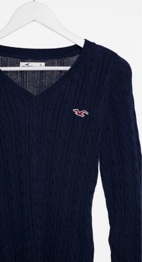 Hollister V neck Cable Knit Jumper Navy Women s Fashion Tops