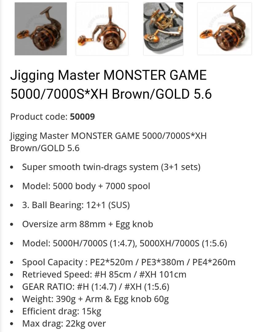 Jigging Master Monster Game Spinning Fishing Reel (Model: 5000XH / Black &  Gold)