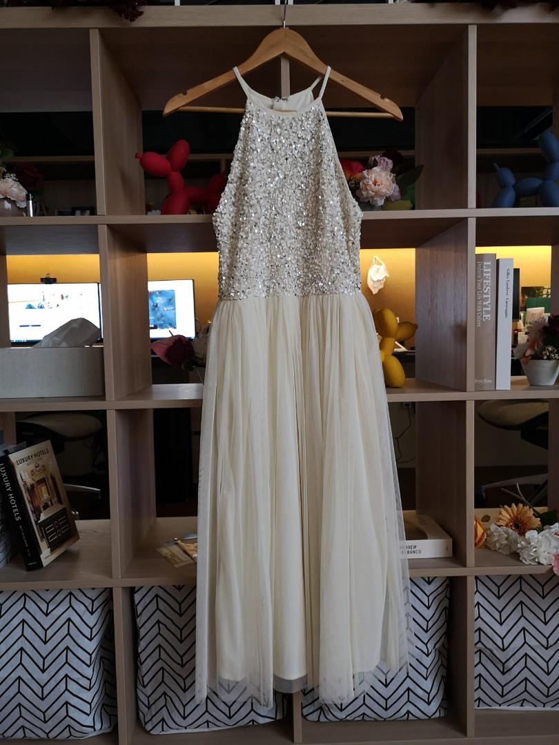 Maya bridesmaid halter neck midi tulle dress with tonal delicate sequins in soft yellow Women s Fashion Dresses Sets Dresses on Carousell