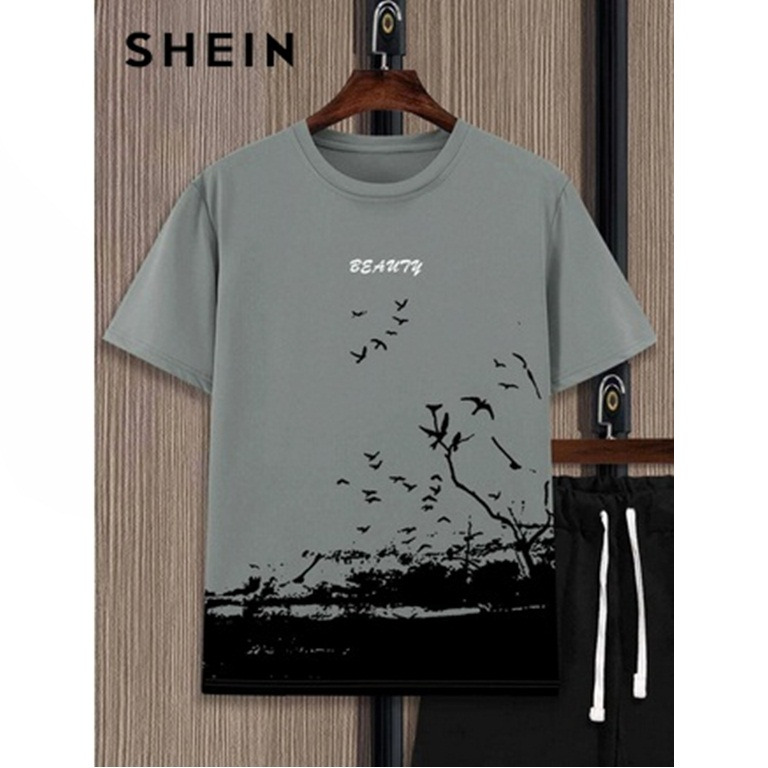 M Shein Men Letter Bird Print Tee