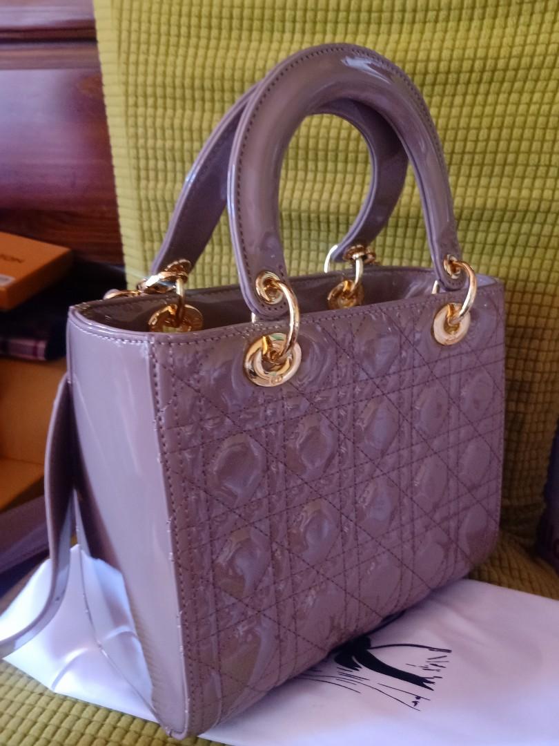 Preloved Lady dior (Category: Luxury Bags & Wallets) located in Cebu City. Submitted by day.98 (Listing ID 1188221816, Image 2). Description: from japan surplus patent leather meduim size no flaws kaki color.