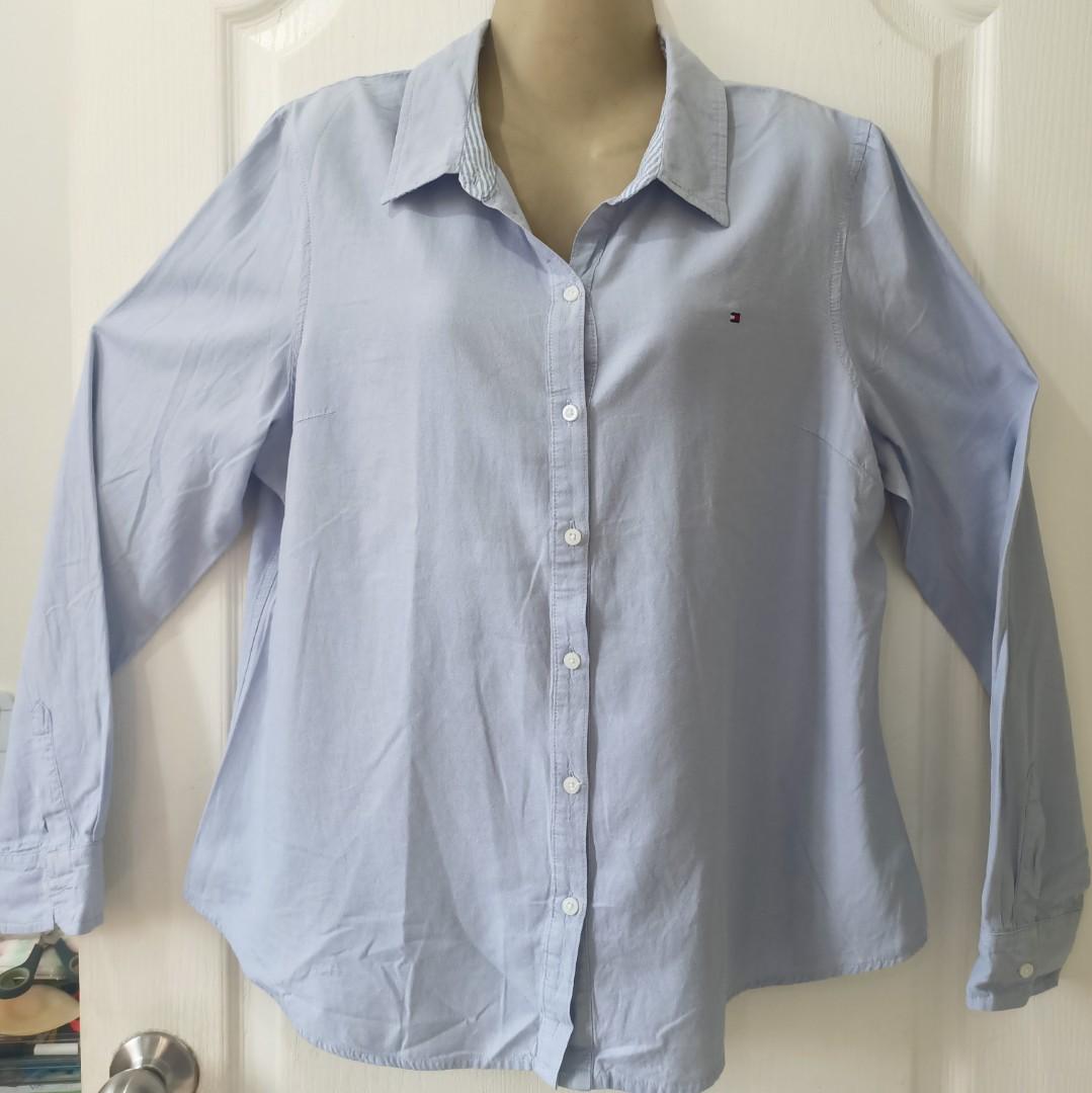 Tommy Hilfiger long-sleeved poly shirt, women's size L polyester black type Vintage Second Hand