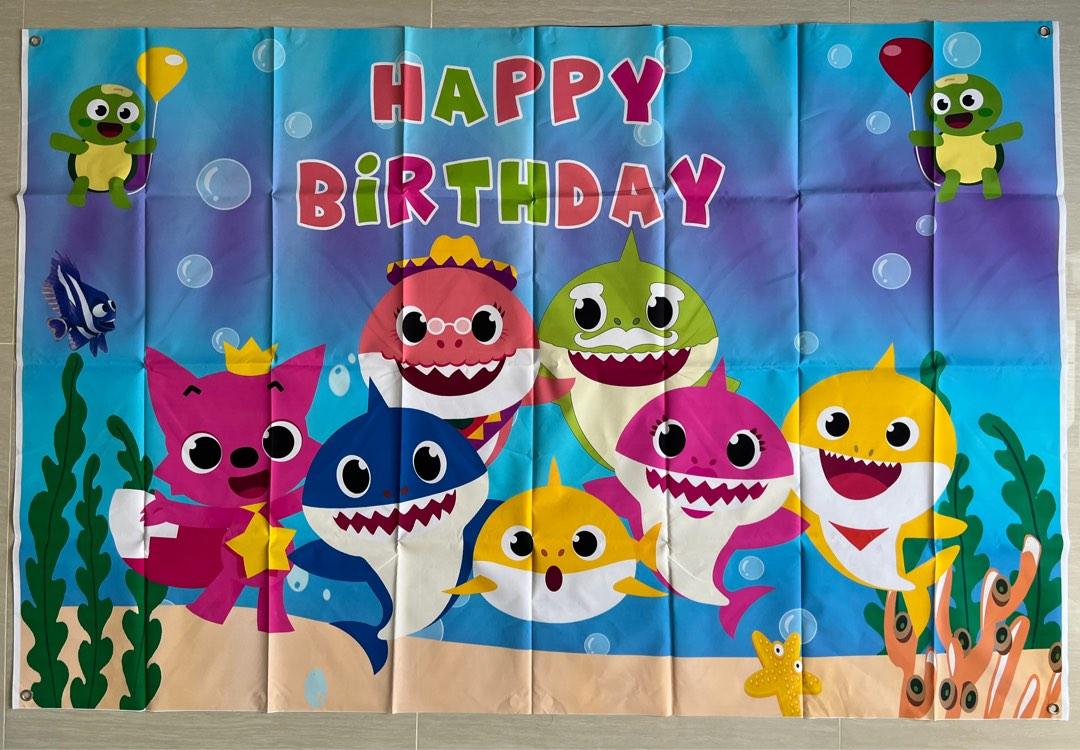 Ready Stock] Family's Baby Shark PinkFong (Design 3 - Blue)Singing Dancing  theme Happy Birthday Banner Backdrop(High resolution ~ Size. 150 x 100 cm)  ~Party Deco, Hobbies & Toys, Stationery & Craft, Occasions