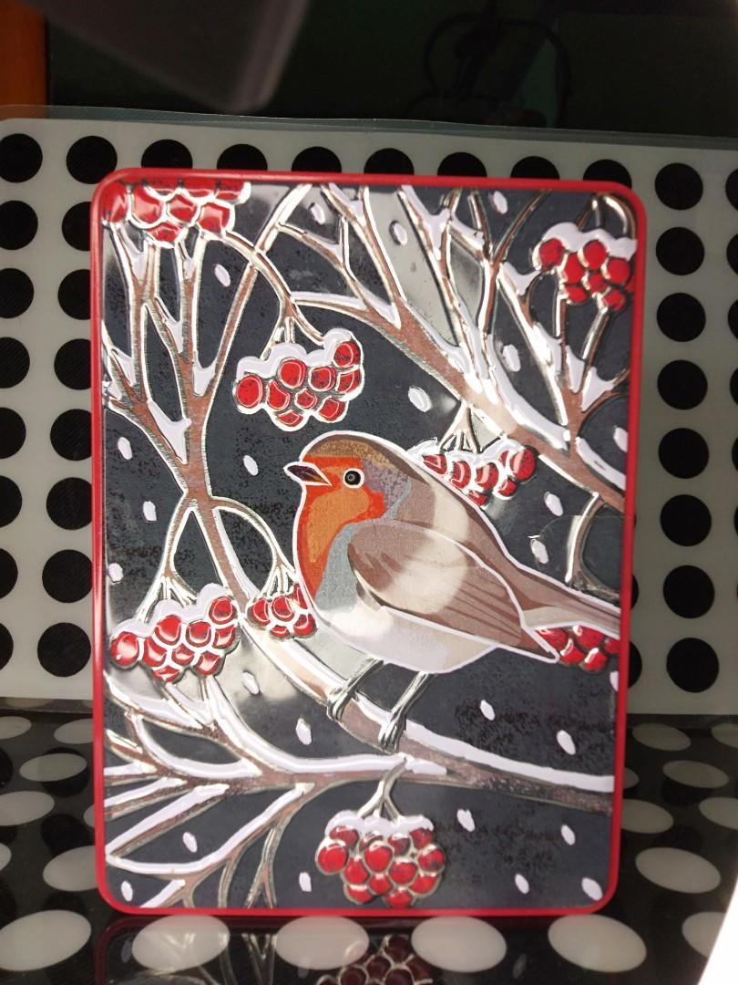 Rectangular Tin Can With Embossed Bird and Cranberries Design From England (Category: Storage Boxes & Baskets) located in Pasig City. Submitted by Unikko75 (Listing ID 1188231497, Image 1). Description: Rectangular Tin Can With Embossed Bird and Cranberries Design From England Size : 8 X 5.75 X 3.25 Inches Price : 500..
