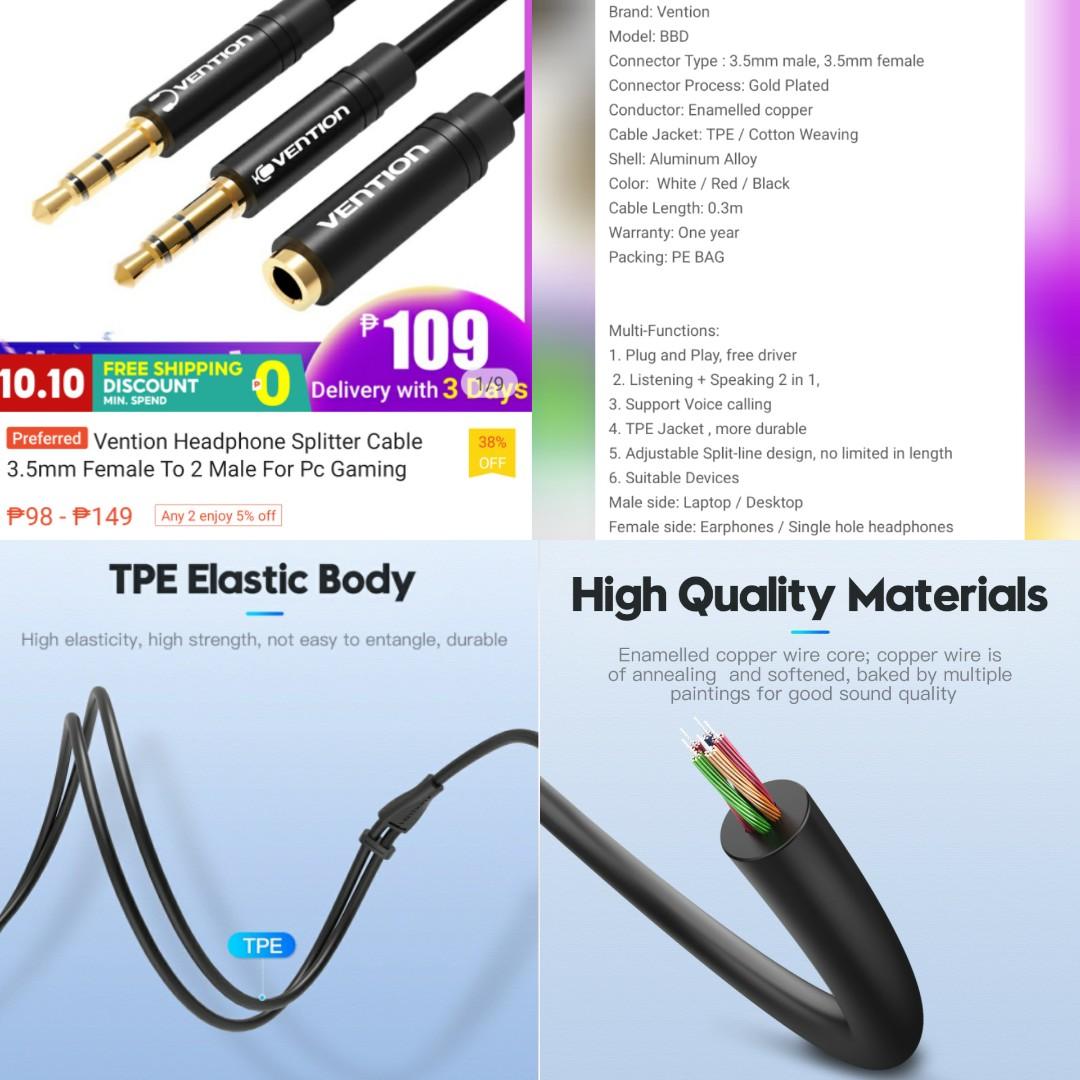 Vention Splitter Cable (Category: Cables & Adaptors) located in Quezon City. Submitted by all_items_50_each (Listing ID 1188361569, Image 2). Description: Vention Headphone audio splitter cable 3.5mm female to 2 male 1m 1 pc available - 50/each ACTUAL pic 4-6 CTTO pic 1-3 bought from online mall SEALED (NOT TRIED/TESTED) 💲ALL ITEMS 50 each 💰MOP: GCASH ➕Add shipping fee (SF 60-80 MM) ❌NO rush shipping, meet up, haggling ✔️for rush, use grab/lala