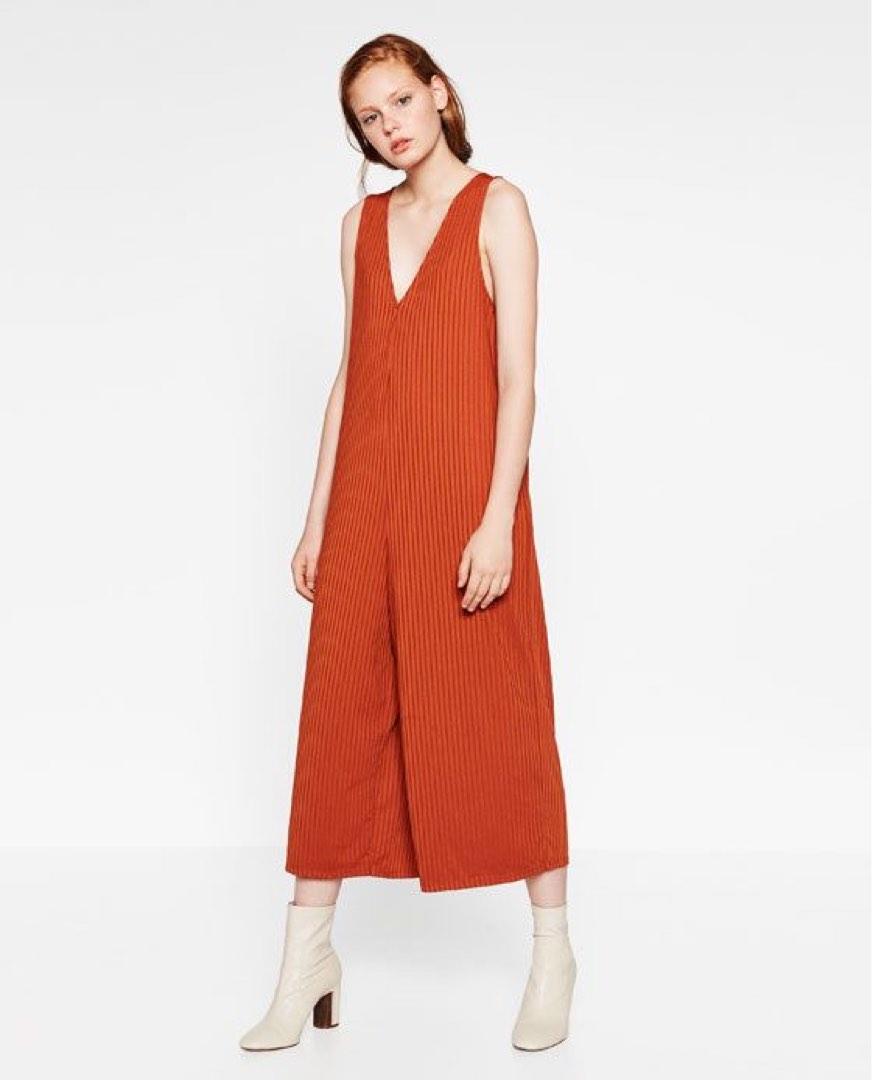 Zara Rust Orange Strappy Ribbed Jumpsuit