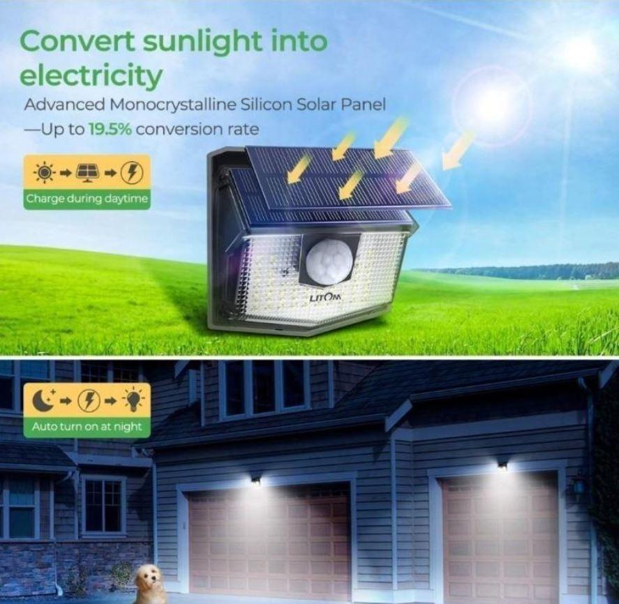 Pack Solar Powered Motion Sensor Lights, LITOM 60 LEDs IP67 Waterproof  LITOM 300 LED Solar Motion Sensor Lights Outdoor Pack:, Furniture  Home  Living, Lighting  Fans, Lighting on Carousell
