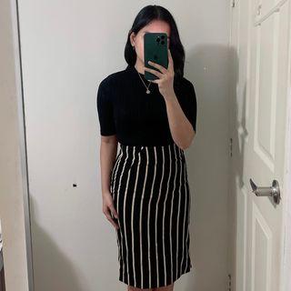 Black and Beige Striped Mid-Length Pencil Skirt