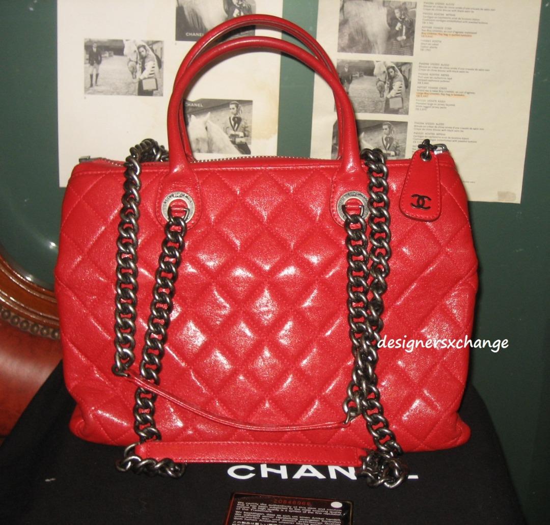 chanel red tote bag leather