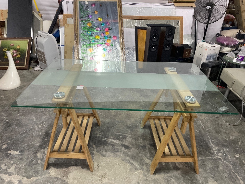Custom Glass Top Wooden Leg 6 Seater Dining Table / Meja Makan 6 Tempat ...