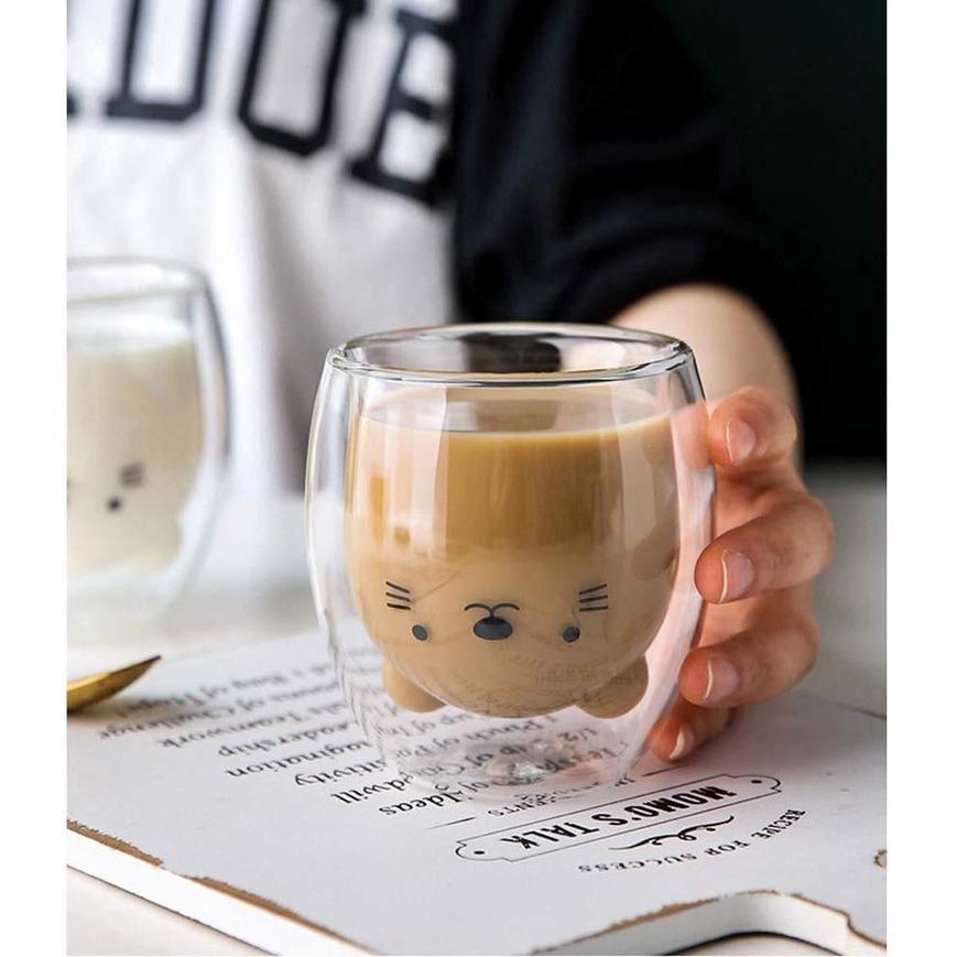 250ML Creative Cartoon Bear Coffee Mug Cute Animal Double Glass Coffee Cup  Transparent