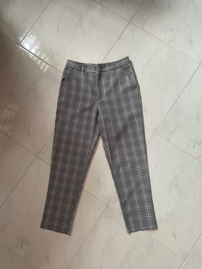 Grey High Waisted Plaid Gingham Cigarette Pants