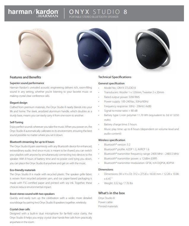 Harman Kardon Onyx Studio 8- Portable Wireless Bluetooth Speaker- Original  1 Year Warranty by Harman Kardon Malaysia, Audio, Soundbars, Speakers &  Amplifiers on Carousell