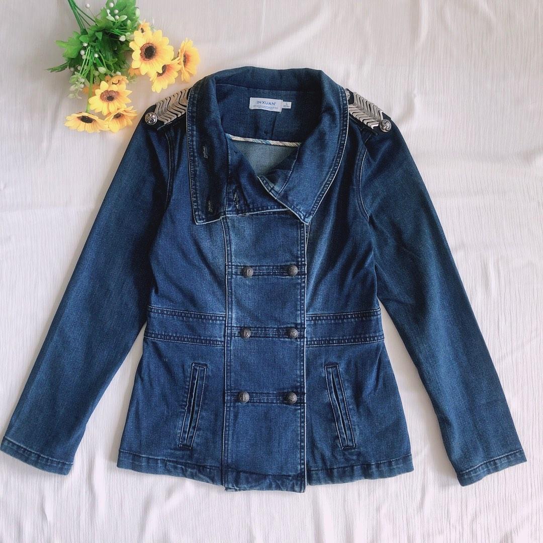 Military Style Denim Jacket, Women's Fashion, Coats, Jackets and Outerwear on Carousell