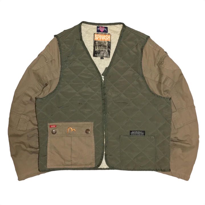 Puffer Jacket Utility Evisu Army Rework, Fesyen Pria, Pakaian , Baju