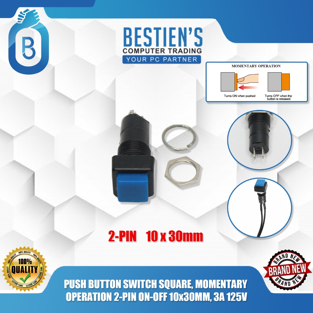PUSH BUTTON SWITCH SQUARE, MOMENTARY OPERATION 2-PIN ON-OFF 10x30MM, 3A ...