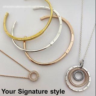 💘SALE 💘 AUTH PANDORA ID SIGNATURE OPEN BANGLES 2200 EACH --. TWO TONE LOGO SIGNATURE CIRCLE NECKLACE LONG CHAIN 2200 -- SMALL CIRCLE ROSEGOLD NECKLACE 1699