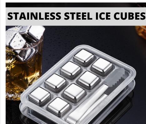 Set of 8 Koodee Stainless Steel Ice Cubes Reusable Whiskey Ice Cubes with Tongs and Ice Cube Trays for Wine Beverage Juice or Soda 