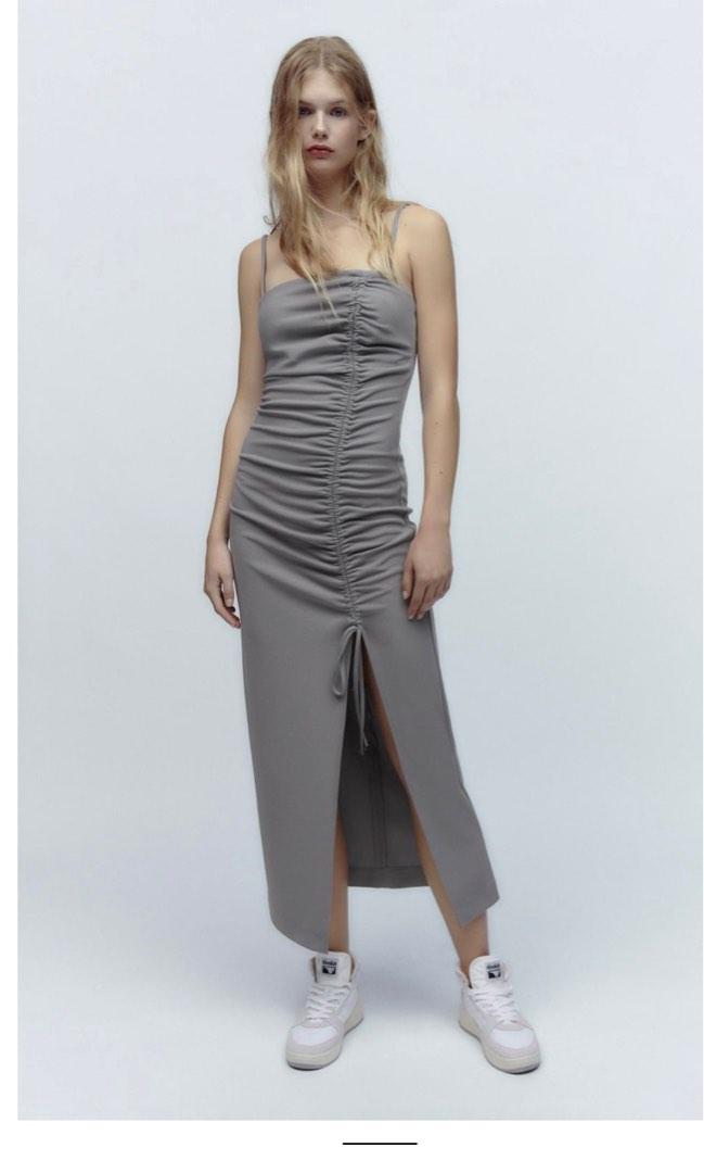 zara grey midi dress ZARA Women's Grey Gray Midi Dress Deep Plunge V-Neck Flowy Cotton Size Small