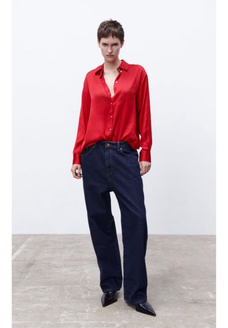 Zara Red Satin Shirt, Women's Fashion, Tops, Shirts on Carousell