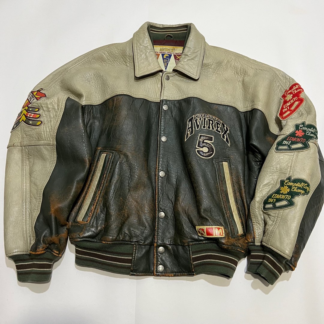90's Avirex Leather Varsity Jacket Skepta A$AP Rocky 皮革學院外套, 他的時尚,  外套及戶外衣服在旋轉拍賣
