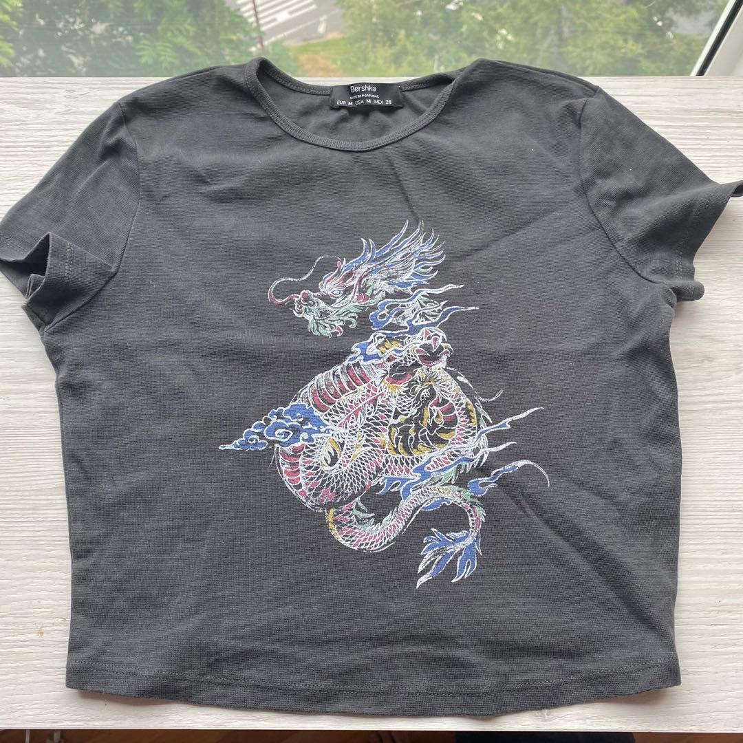 bershka dragon graphic grey crop top baby tee y2k trendy grunge