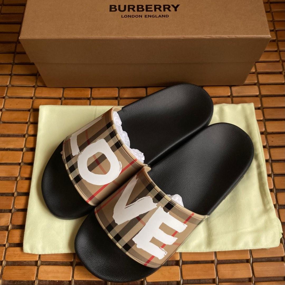 Burberry Love Print Vintage Check Logo Sides, Men's Fashion, Footwear,  Flipflops and Slides on Carousell