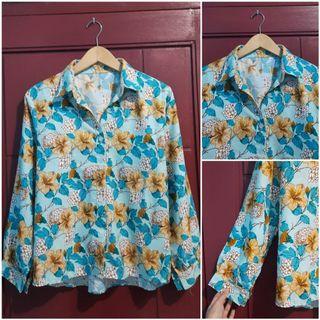FLORAL BLOUSE ÷ kemeja wanita kancing depan full busui baju hijab muslim lengan tangan panjang blue motif bunga adem kerja ngantor kantor jalann2 9860
