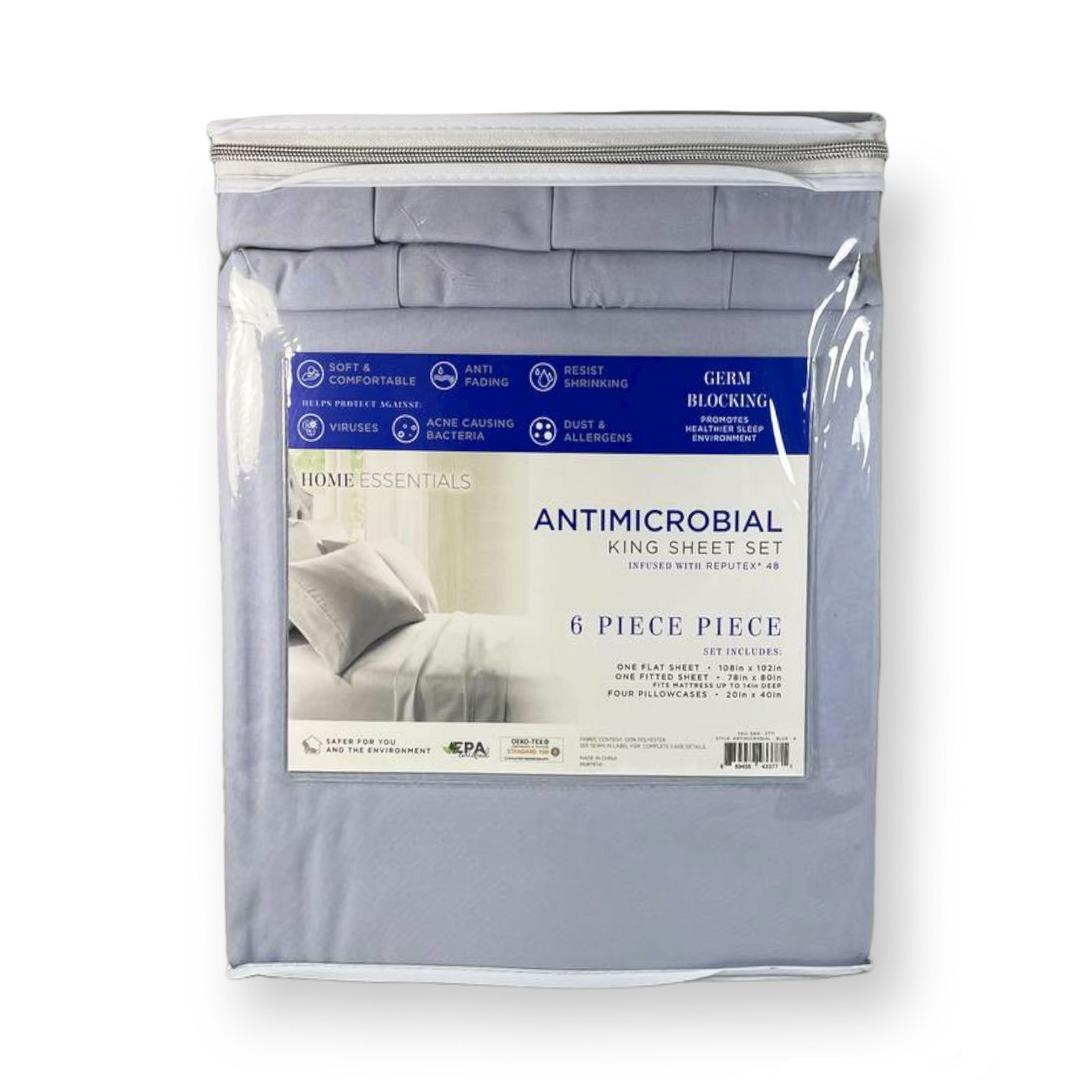 HOME ESSENTIALS Antimicrobial 6 Piece King Sheet Set (Blue), Furniture & Home Living, Bedding