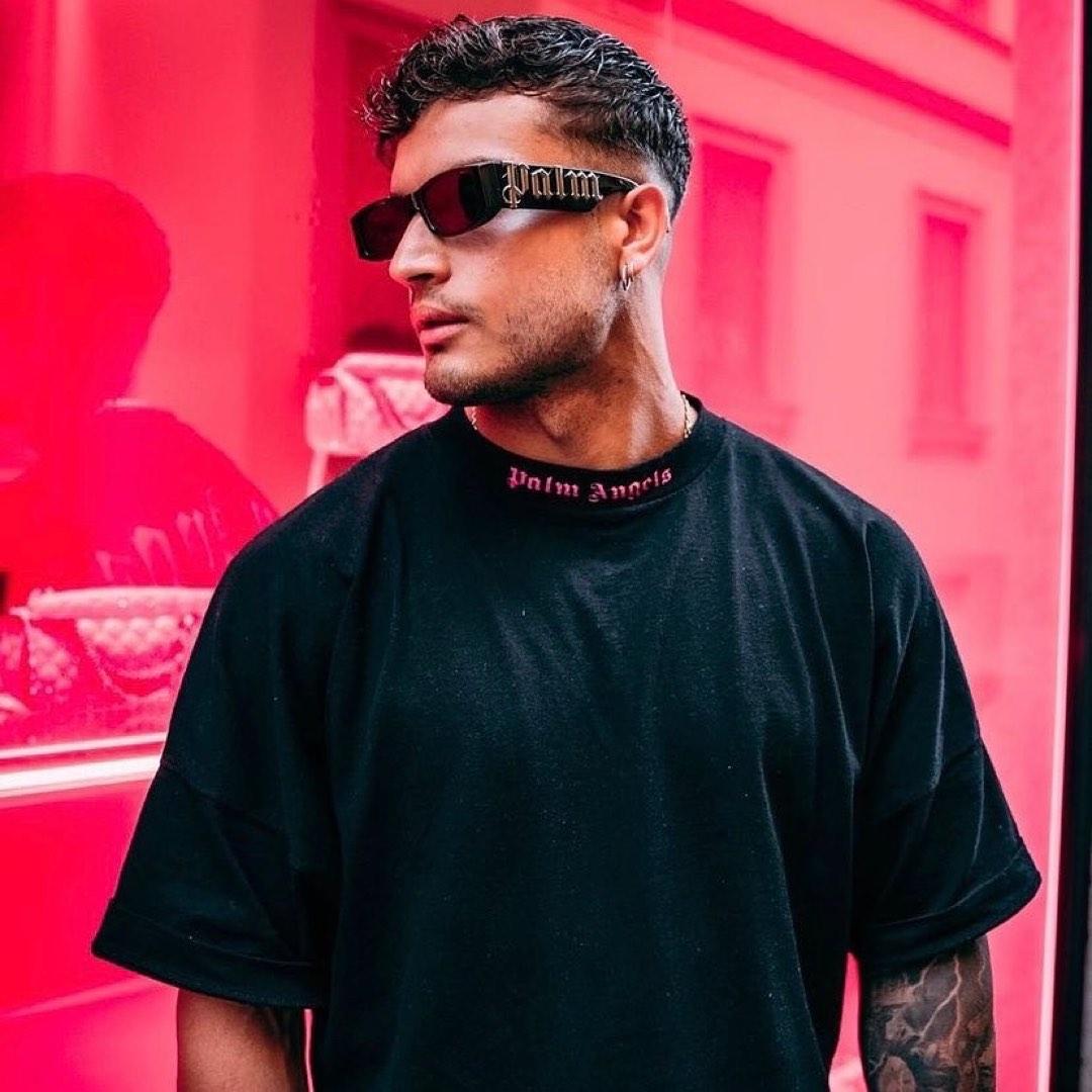 Palm Angels Classic Mock Neck Doubled Logo Tee Black Fuchsia