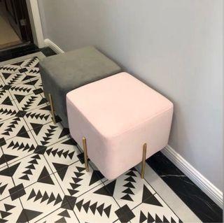 Light Baby Pink Square Velvet Stool Chair Ottoman Footstool with Gold Metal Steel Legs (Price for Pink Stool Only)