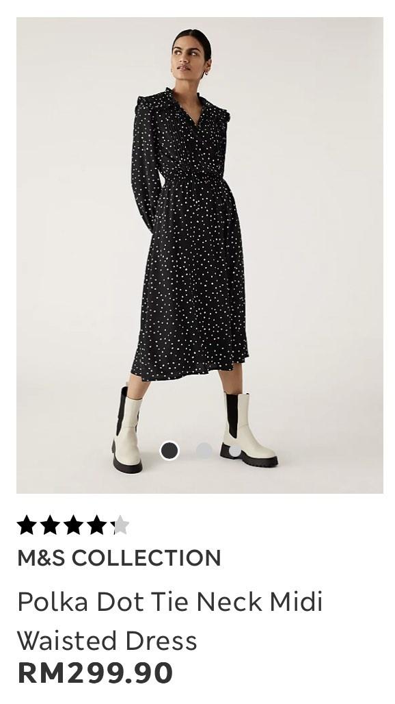 NEW M S Polka Dot Tie Neck Midi Waisted Dress Marks Spencer