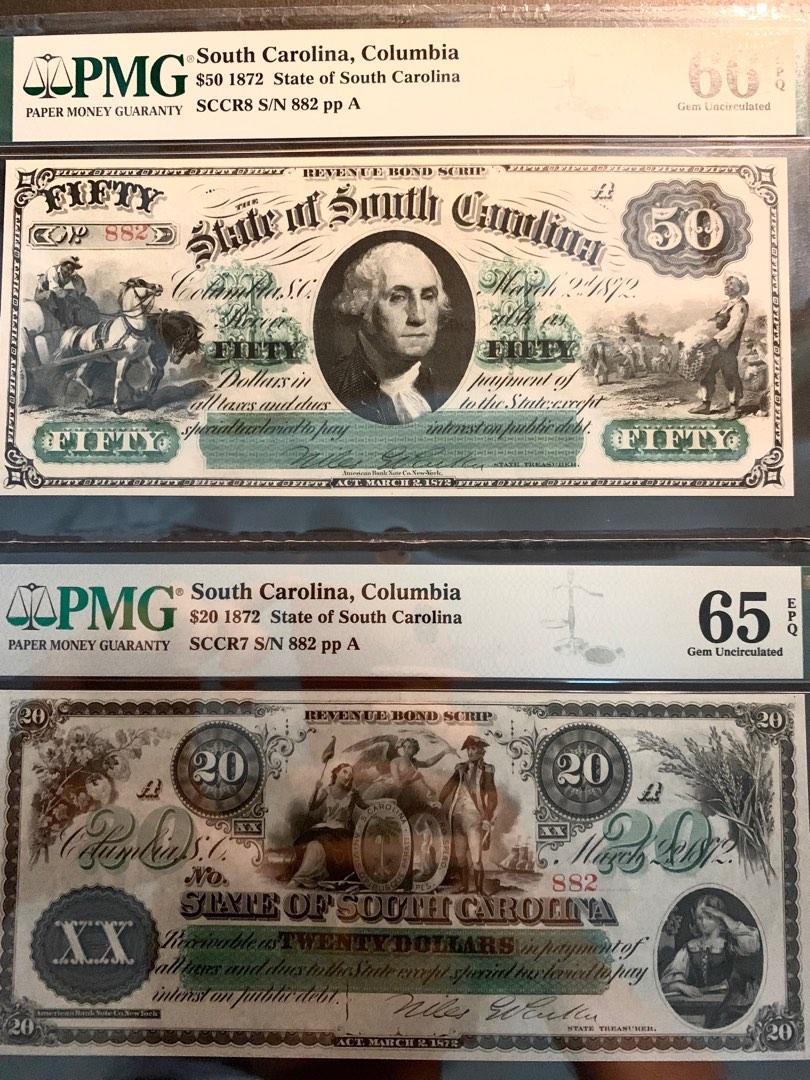 PMG66 哥倫比亞南卡羅來納州喬治華盛頓50 美元紙幣1872 年。未流通，1872 年哥倫比亞南卡羅來納州20 美元紙幣PMG 66 STATE  OF SOUTH CAROLINA FIFTY DOLLAR NOTE 1872. UNCIRCULATED/CRISP $50 ,1872  Columbia