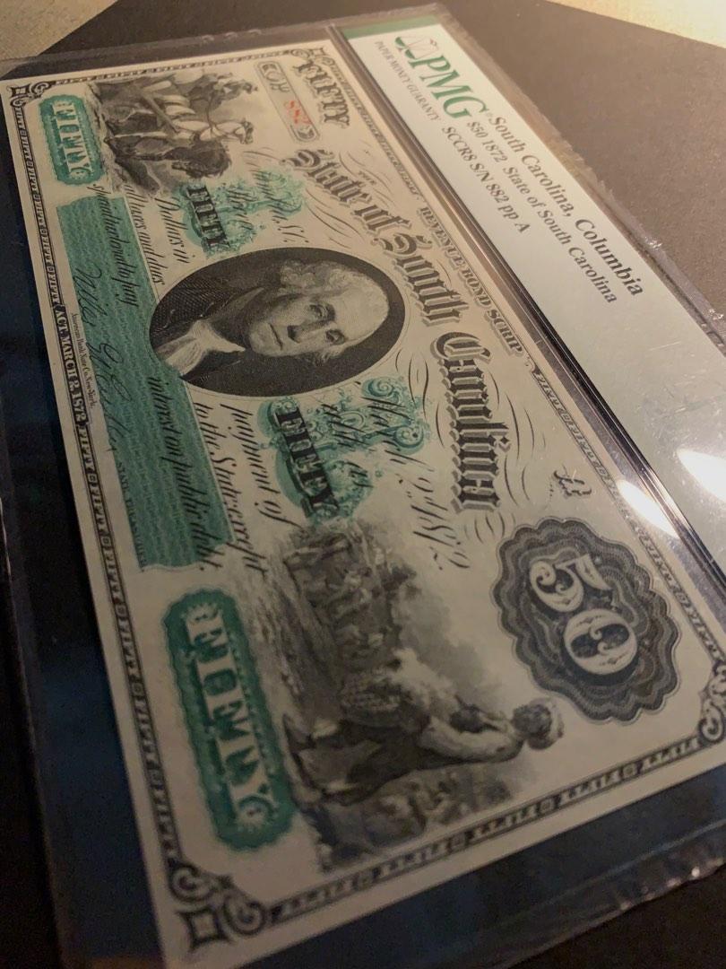 PMG66 哥倫比亞南卡羅來納州喬治華盛頓50 美元紙幣1872 年。未流通，1872 年哥倫比亞南卡羅來納州20 美元紙幣PMG 66 STATE  OF SOUTH CAROLINA FIFTY DOLLAR NOTE 1872. UNCIRCULATED/CRISP $50 ,1872  Columbia