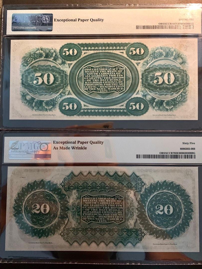 PMG66 哥倫比亞南卡羅來納州喬治華盛頓50 美元紙幣1872 年。未流通，1872 年哥倫比亞南卡羅來納州20 美元紙幣PMG 66 STATE  OF SOUTH CAROLINA FIFTY DOLLAR NOTE 1872. UNCIRCULATED/CRISP $50 ,1872  Columbia