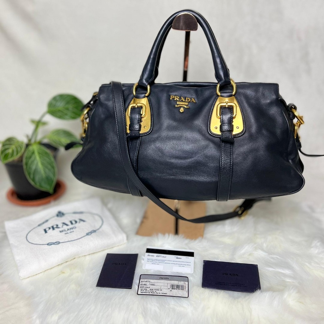 PRADA BN1903 Soft calf Leather Bauletto medium Black bag, Luxury, Bags ...