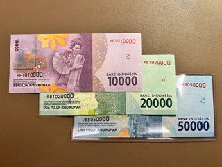 🇮🇩RARE 10000-20000-50000 Rupiah Set🇮🇩Same Serial Numbers with Denomination UNC Condition
