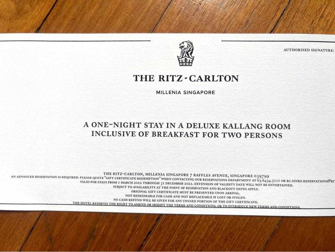 Ritz Carlton Gift certificate / voucher staycation Tickets Vouchers