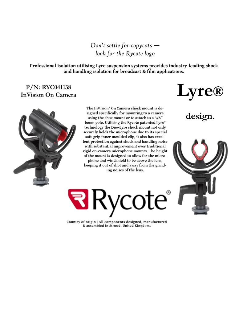 Rycote INVISION BOOM + ON CAMERA MICROPHONE SHOCKMOUNT holder, Audio