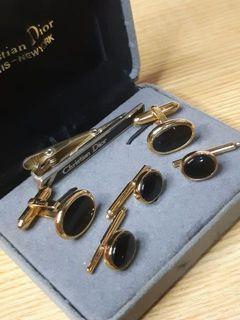 Vintage Christian Dior Signed Black Onyx Cufflinks and Tie Clip