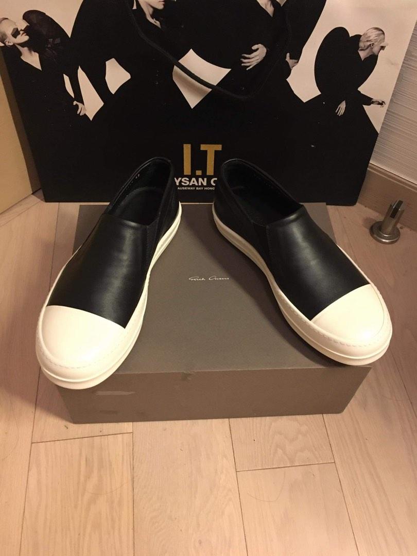 全新正貨RICK OWENS LOW LEATHER SLIP-ON BOAT SHOES BLACK IN BLACK