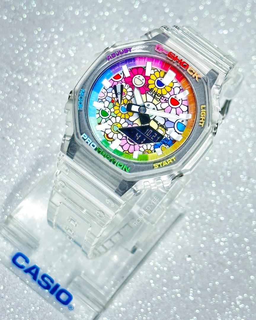 Authentic Jelly CasiOak GA 2100 in custom Takashi Murakami Sunflower facedial and Rainbow Chapter Ring G SHOCK GA 2100 GA2100