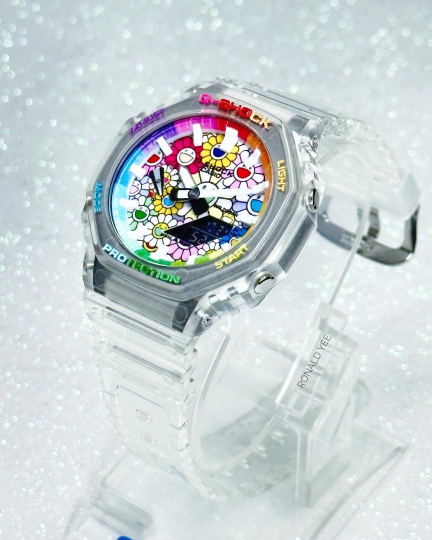 Authentic Jelly CasiOak GA 2100 in custom Takashi Murakami Sunflower facedial and Rainbow Chapter Ring G SHOCK GA 2100 GA2100