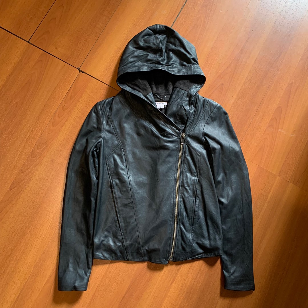 Helmut lang asymmetric hoodie leather jacket Fesyen Wanita